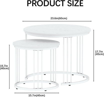 Nesting Coffee Table, 23.6" round Coffee Table Set of 2, Wooden Nesting Table with Metal Frame, Ceter Tables for Living Room Bedroom Balcony, White