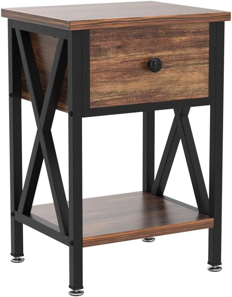 Nightstands Set of 2, Modern Bedside End Tables, Night Stands with Drawer and Storage Shelf for Living Room Bedroom, Industrial Metal Frame