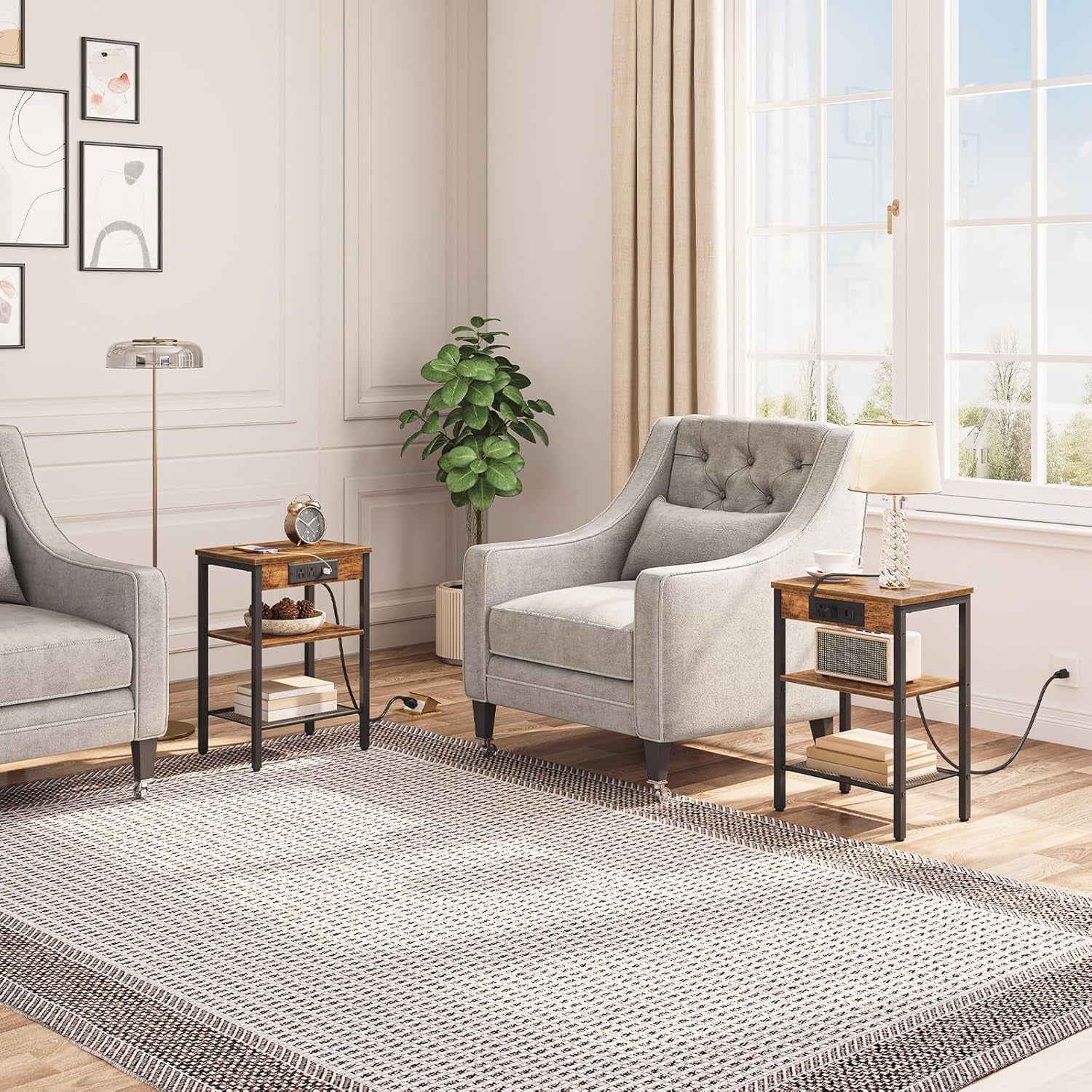 Side Table with Charging Station and USB Port, Small End Table for Small Space, 3-Tier Nightstand with Adjustable Shelf, for Living Room, Bedroom and Balcony, Rustic Brown BF112BZ01