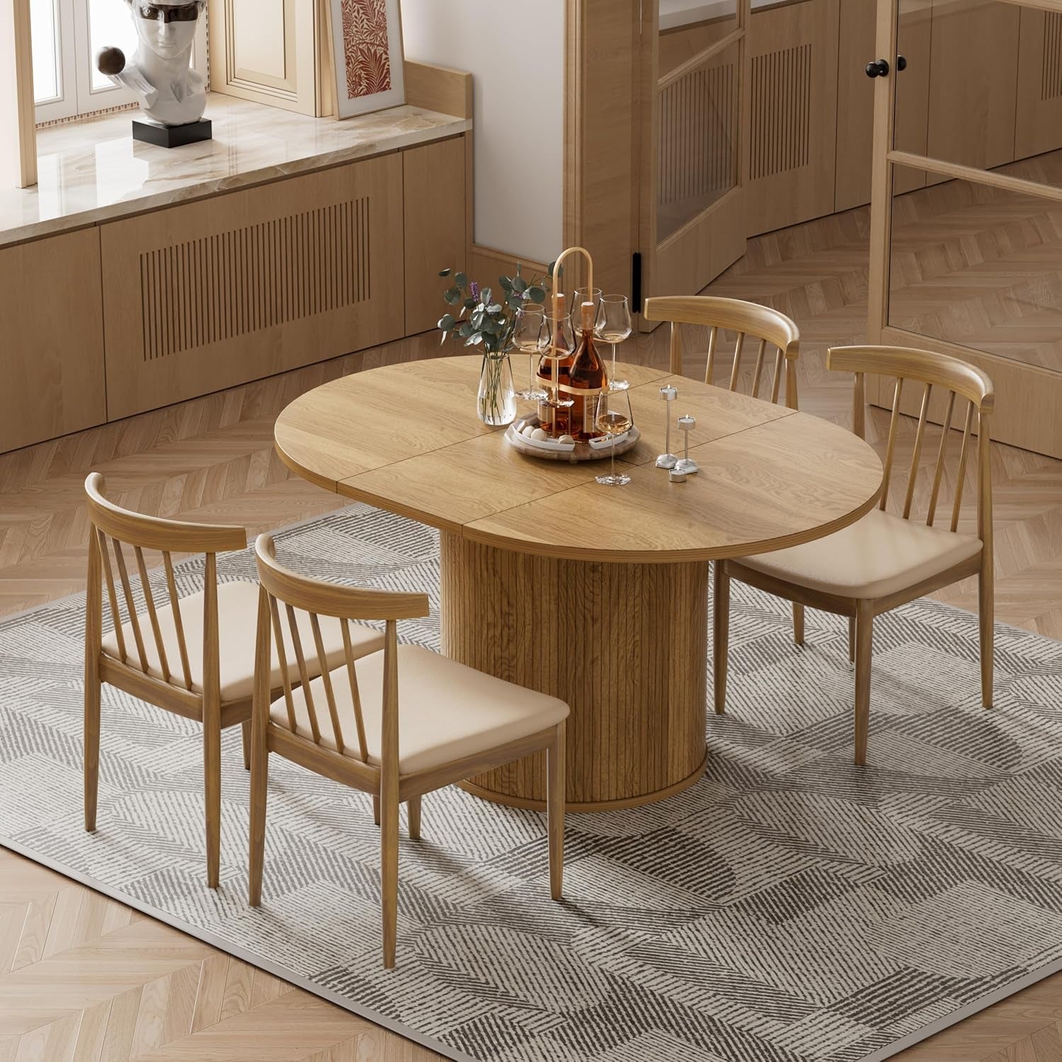 43.3''-59'' Extendable round Dining Table for 4, Modern Farmhouse Expandable Dining Table with Wood Strip Base for Kitchen Living Room,Natural