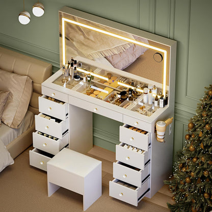 11 Drawers Glass Top Vanity Desk with Chair, Crystal Handles Makeup Vanity with Mirror and Lights, Dressing Table with Power Outlet, Adjustable Lighting Modes, White