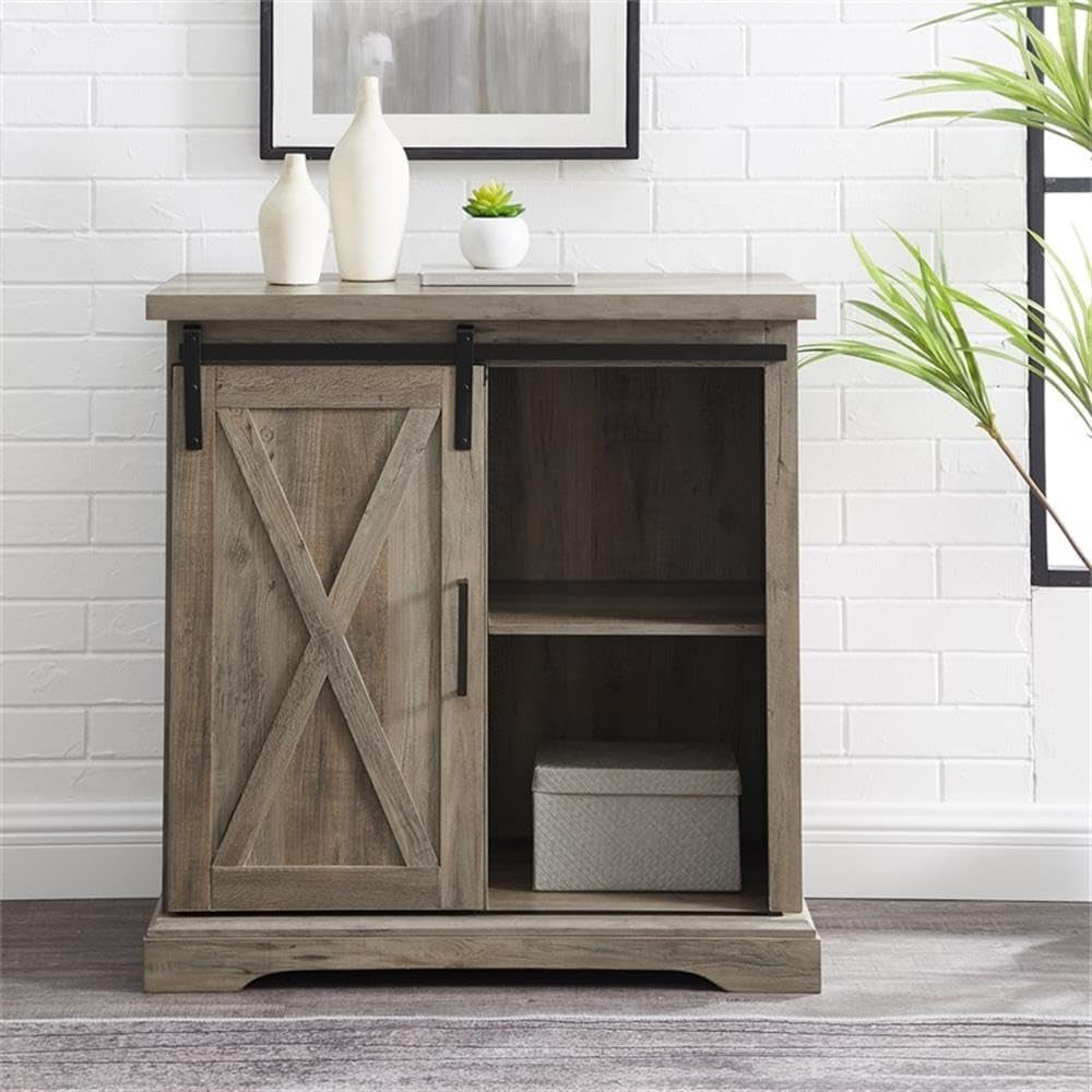 Abbey Modern Farmhouse Sliding X Barn Door Accent Console, 32 Inch, Grey Wash