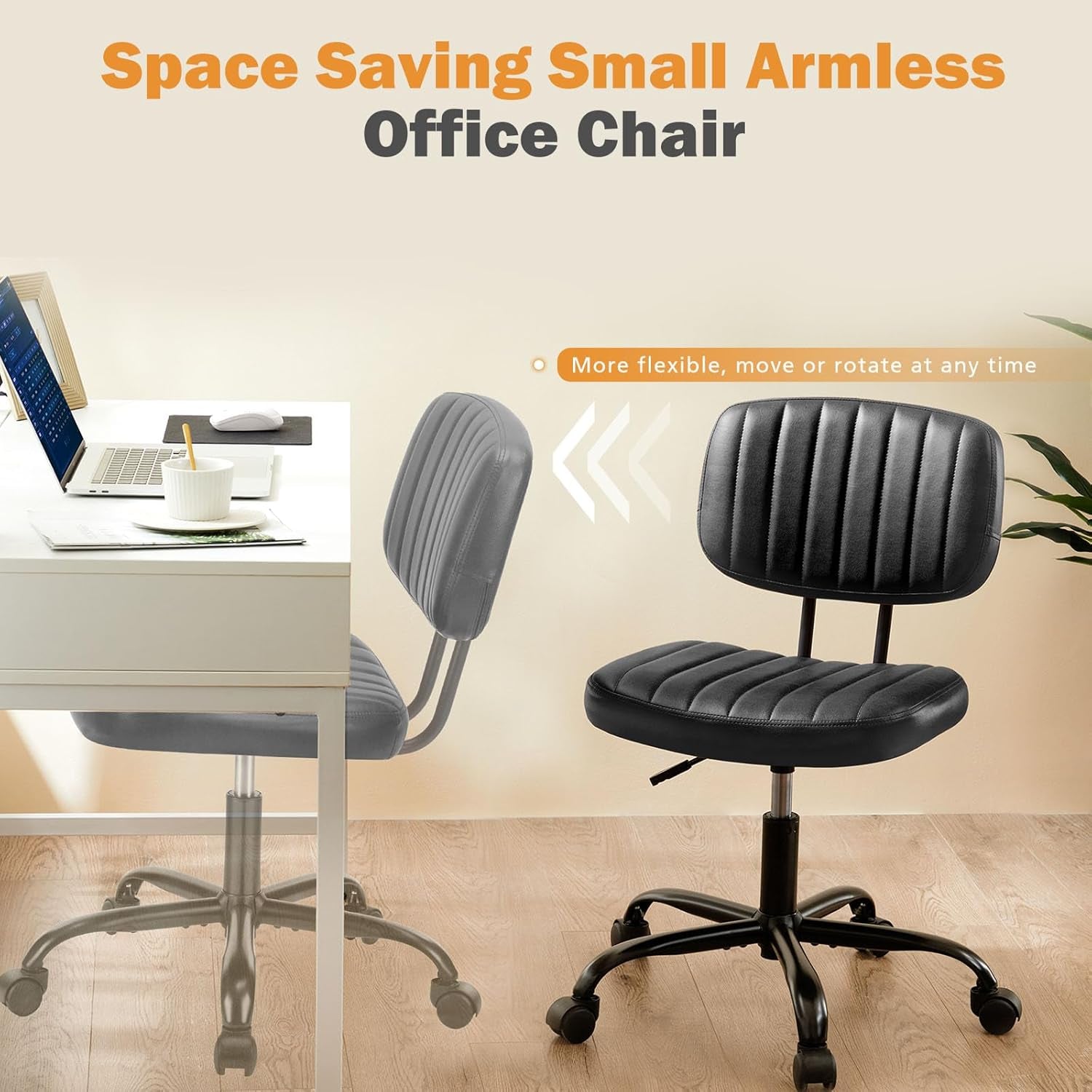 Small Office Desk Chair with Wheels Armless Comfy Computer Chair with Lumbar Support, PU Leather Low Back Adjustable Height 360° Rolling Swivel Task Chair without Arm for Home, Bedroom
