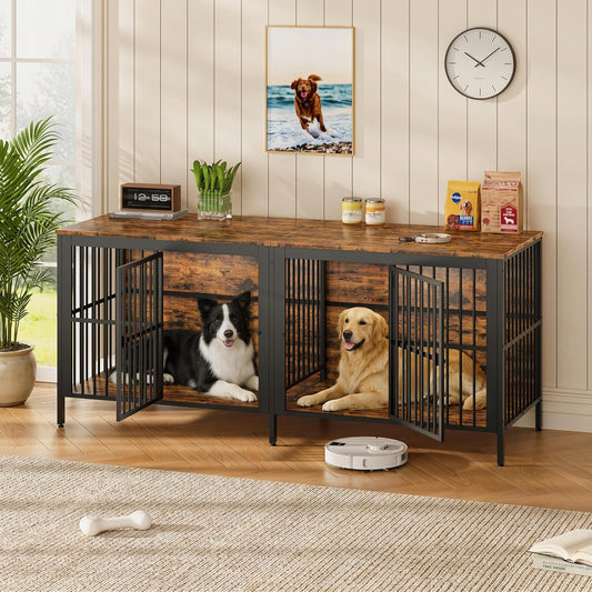 Heavy-Duty 2-Door Dog Crate End Table – Extra Large Multipurpose Pet Kennel Furniture for Large & Medium Dogs, Rustic Wood TV Stand/Side Table, Easy Assembly & Indoor Use (Rustic Brown)