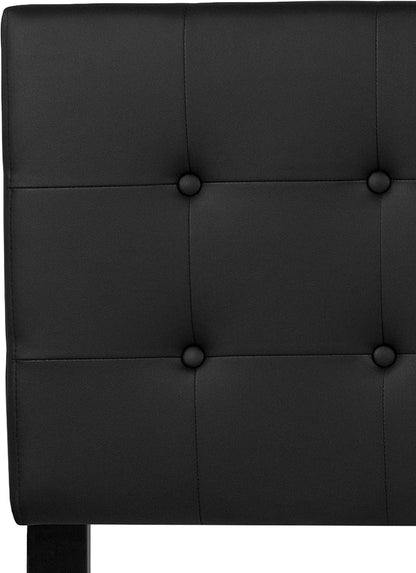 Lennox Adjustable Height Button Tufted and Box Stitch Upholstered Queen Size Headboard in Black Vinyl