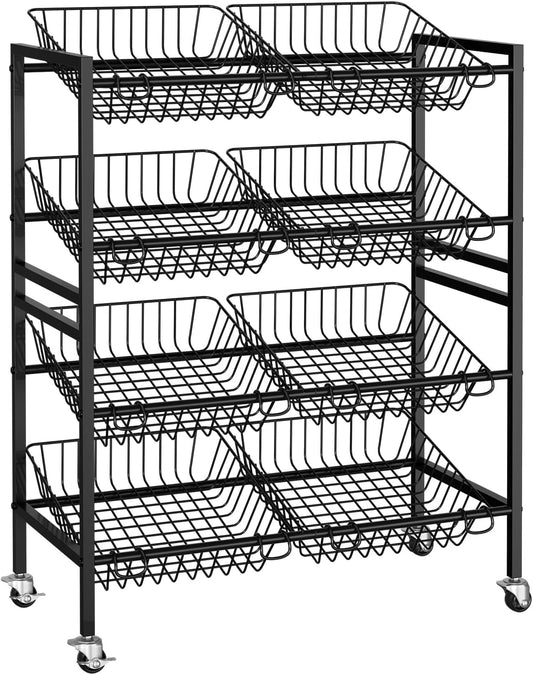 25.2''W Kitchen Storage Cart, Rolling Snack Cart, 4 Tier Fruit Basket Vegetable Stand, Metal Pantry Storage Organizer with 8 Removable Baskets for Onion Potato, Black