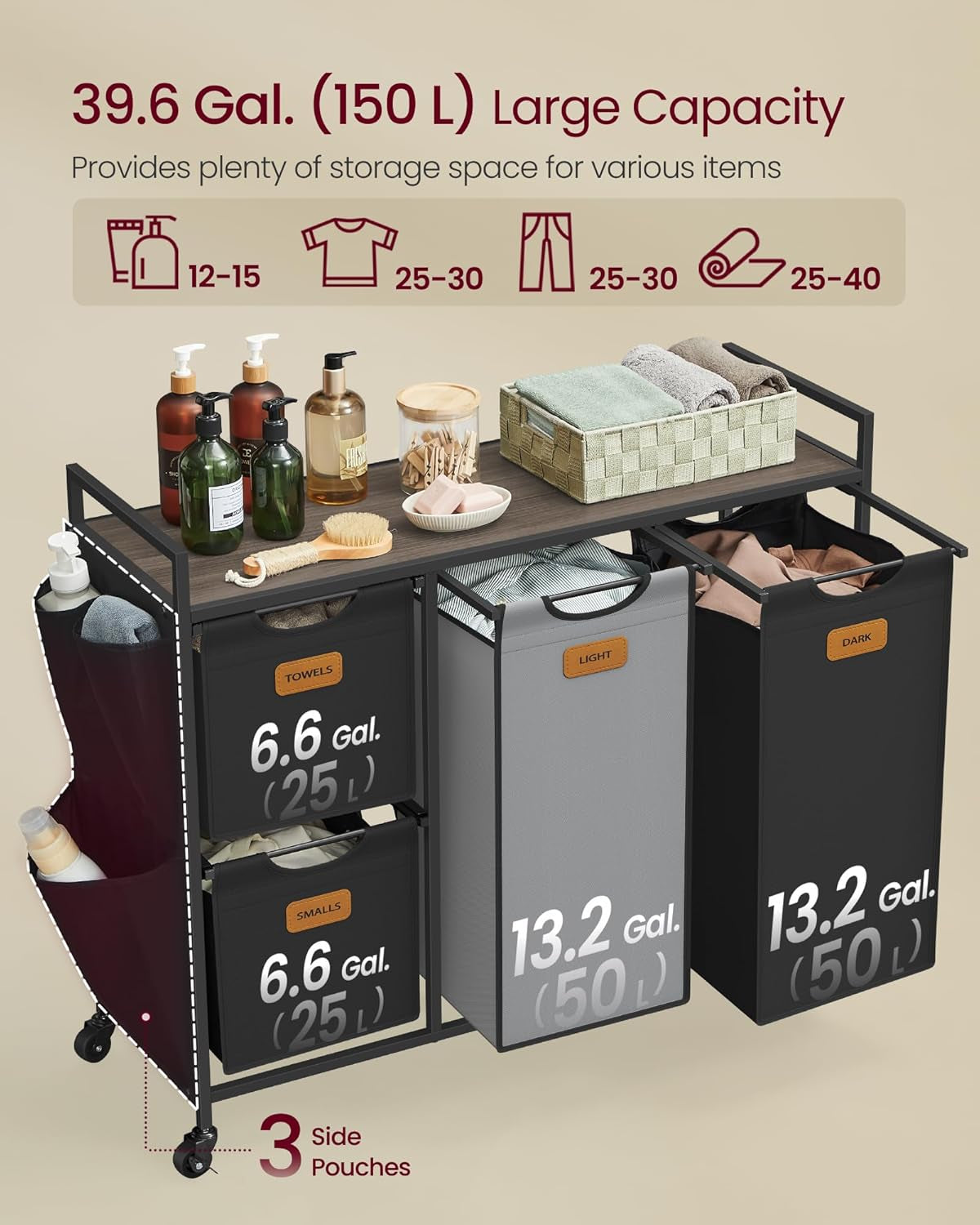Laundry Hamper with 3 Compartments, 26.4 Gal. (100 L) Laundry Sorter, Rolling Laundry Cart with Shelves, Small Side Pockets, 6 Labels, Chestnut Brown, Ink Black and Dove Gray UBLH202B01