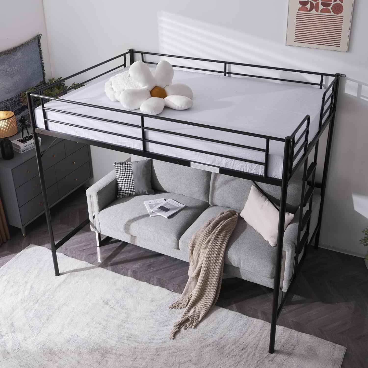 Loft Bed Full Size with Flat Rungs for Adults, Kids and Young Teens, No Box Spring Required,Heavy Duty Metal Slat Support,Black