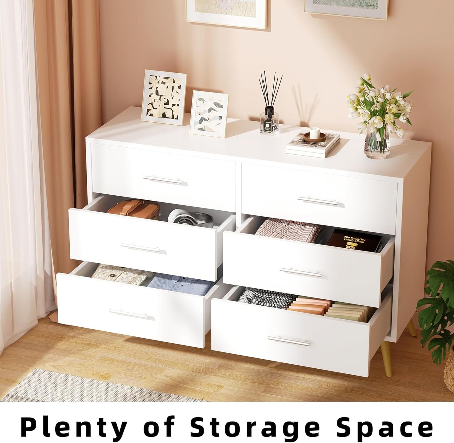 6 Drawer Dresser, Wide Chest of Drawers Organizer Storage with Drawers, Large Storage Cabinet, Modern Design Dresser for Bedroom, Living Room, Porch, White