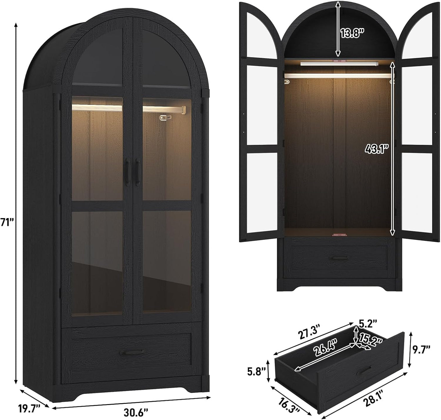 2 Doors Arched  W/Drawers,Led Light,Wooden Closet Wardrobe Cabinet with Hanging Rod for Bedroom,Modern Armoire Storage Cabinet W/Shelf,Black