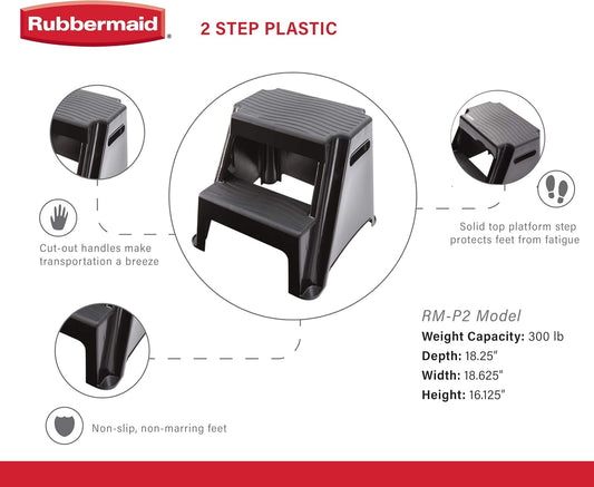 2-Step Molded Plastic Step Stool, Lightweight with Slip Resistant Treads and Non-Slip Feet, Black (Amazon Exclusive)