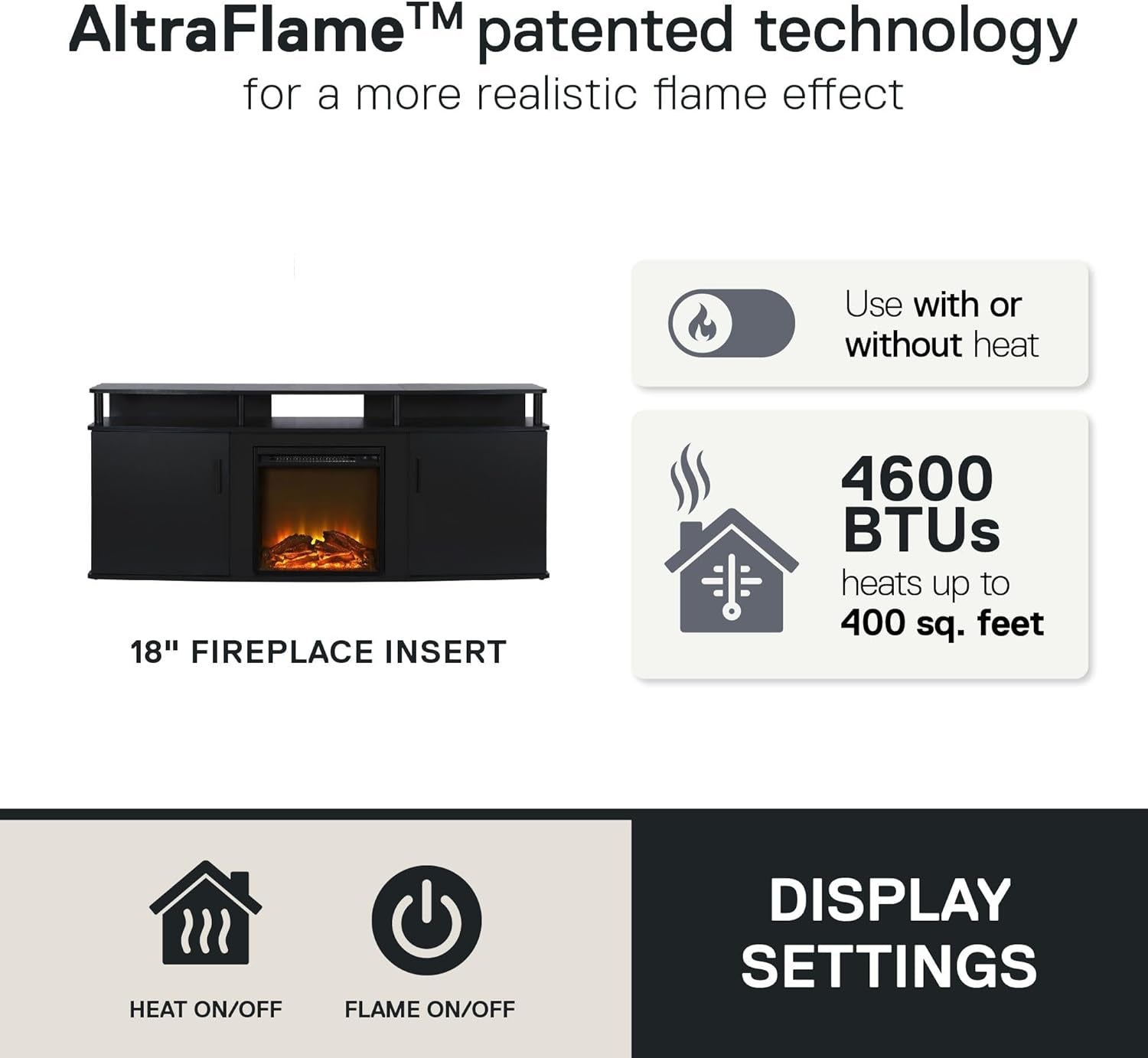 Carson Fireplace TV Stand for Tvs up to 70 Inch, Replaceable Electric Fireplace Insert Heater, Realistic Log and Flame Effect, for Living Room or Bedroom, Black