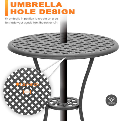 Bistro Set 3 Piece Outdoor Cast Aluminum Patio Bistro Set Patio Table and Chairs Set of 2 with Umbrella Hole and Gray Cushions, Black