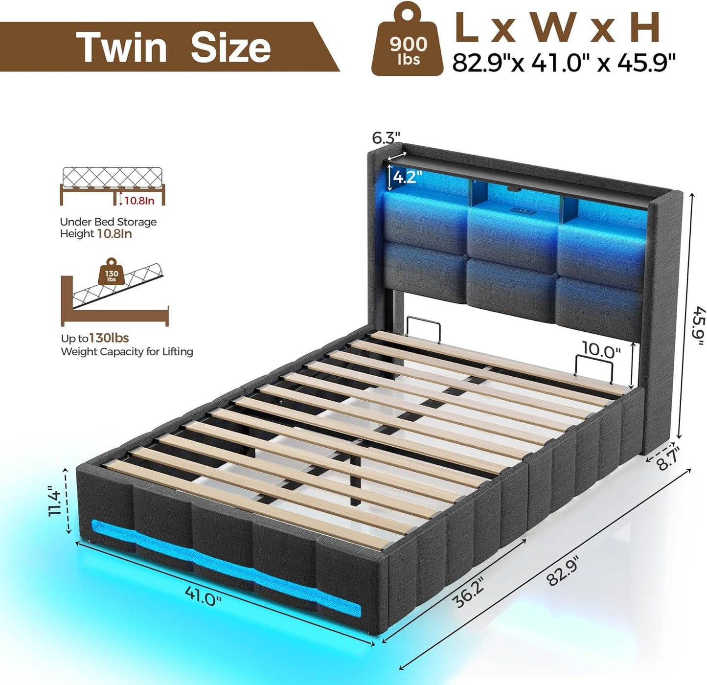 Bed Frame Twin Size with Lift up Storage, Charging Station & LED Lights, Upholstered Storage Headboard, Heavy Duty Wooden Slats, No Box Spring Needed, Noise Free, Easy Assembly, Dark Grey
