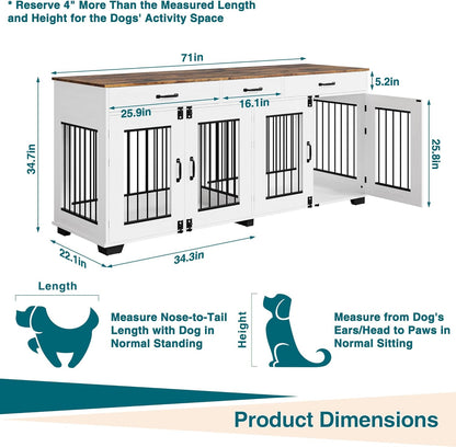 71 Inch Dog Crate Furniture for 2 Dogs, Extra Large Double Dog Cage with 3 Drawers, XXL Dog Crate for Large Breed Dogs, Wooden Dog Kennel Indoor TV Stand, Dog Kennel Furniture with Divider