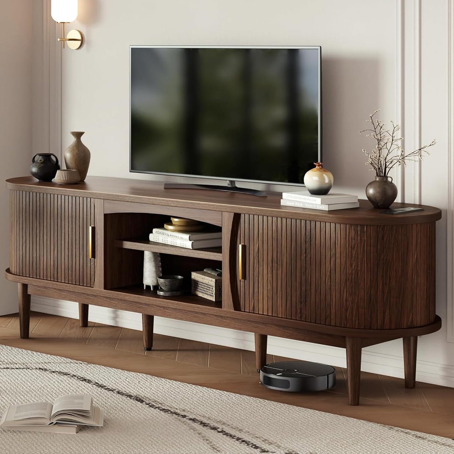 Mid Century TV Stand for Tvs up to 80 Inches, Entertainment Center with Storage, Power Outlet, Fluted Sliding Doors & Adjustable Shelves, Modern Media TV Console Table for Living Room (Walnut)