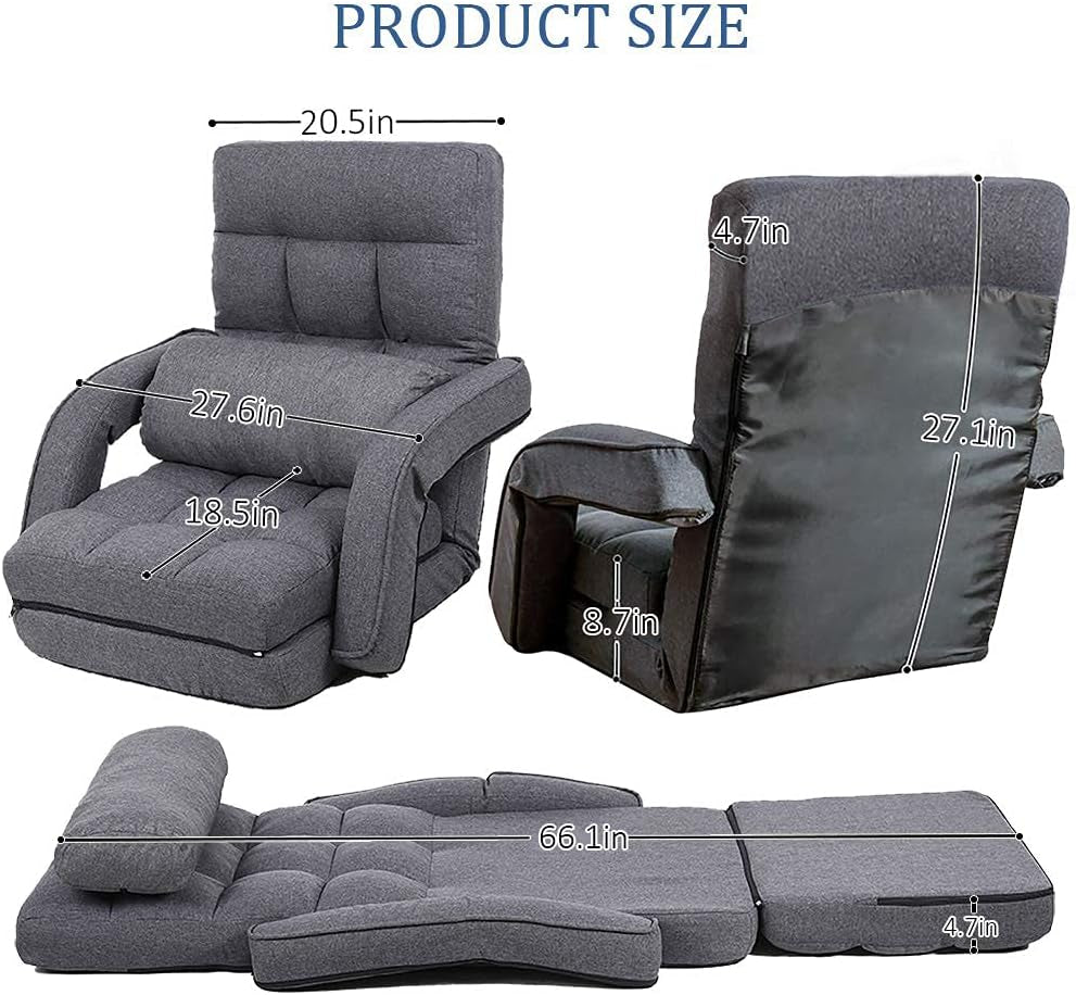 Indoor Floor Gaming Chairs for Adults with Back Support,Chaise Lounge, 14-Position Folding Lazy Sofa with Pillow for Living Room, Bedroom, Balcony(Grey) 8803GR