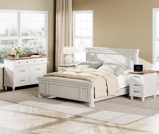 2 Piece Bedroom Set - Includes Mid Century 6 Drawer Dresser, Side Table with Charging Station & Storage Cabinet, 2 Piece Dresser and Nightstand Sets, White