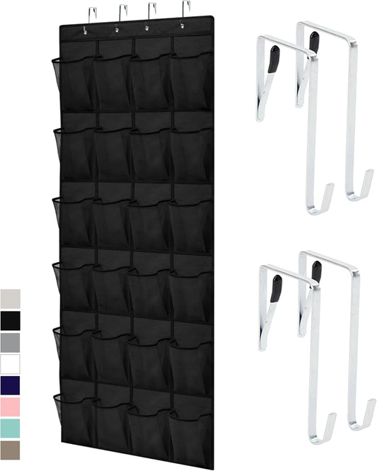 over the Door Shoe Organizer, 24 Large Breathable Mesh Pockets, Space Saving Hanging Storage Holder, Closet Rack Hanger Holds up to 40 Lbs, Hangs on Closets for Shoes, Accessories, Black