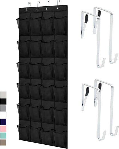 over the Door Shoe Organizer, 24 Large Breathable Mesh Pockets, Space Saving Hanging Storage Holder, Closet Rack Hanger Holds up to 40 Lbs, Hangs on Closets for Shoes, Accessories, Black