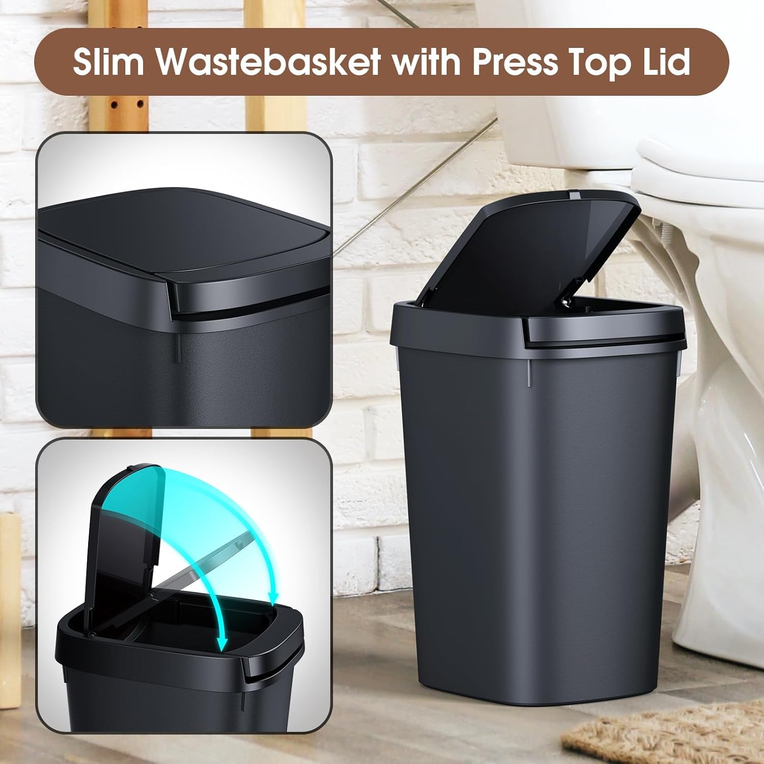 3 Pack Bathroom Trash Can with Lid, 10L/2.6 Gal Small Garbage Can with Press Top Lid, Slim Plastic Waste Basket for Toilet, Office, Bedroom (Muti 1)