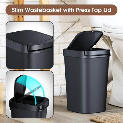 3 Pack Bathroom Trash Can with Lid, 10L/2.6 Gal Small Garbage Can with Press Top Lid, Slim Plastic Waste Basket for Toilet, Office, Bedroom (Muti 1)
