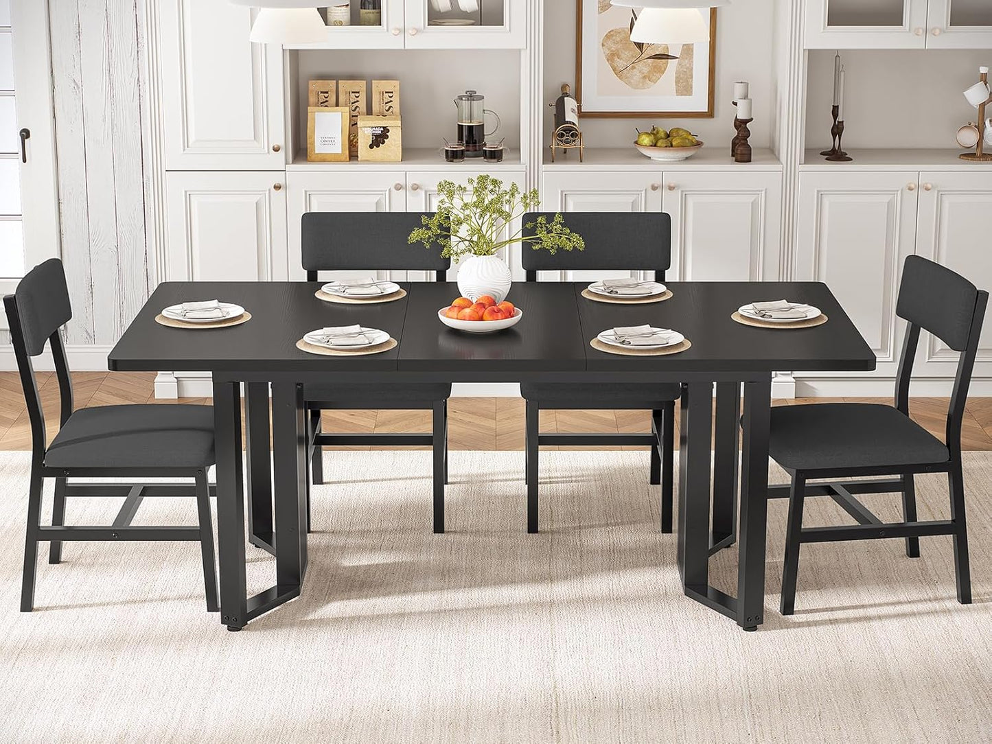 5-Piece Dining Table Set for 4-6 People, 63" Extendable Kitchen Table and 4 Cushion Chairs, Dining Room Table with MDF Board & Metal Frame for Small Space, Easy Clean, Black