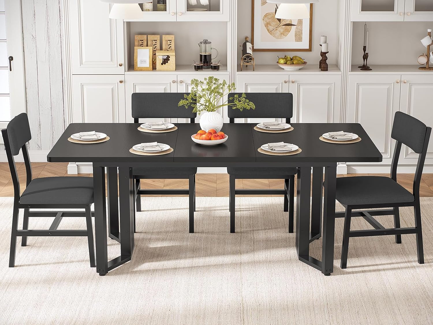 5-Piece Dining Table Set for 4-6 People, 63" Extendable Kitchen Table and 4 Cushion Chairs, Dining Room Table with MDF Board & Metal Frame for Small Space, Easy Clean, Black