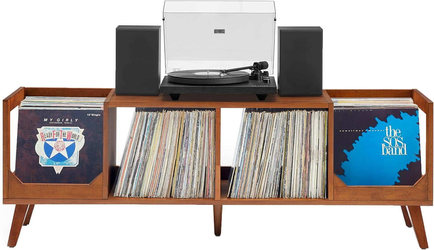 Asheville Mid-Century Modern Media Console Record Player Stand, Storage for Vinyl Records, Walnut