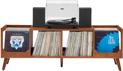 Asheville Mid-Century Modern Media Console Record Player Stand, Storage for Vinyl Records, Walnut