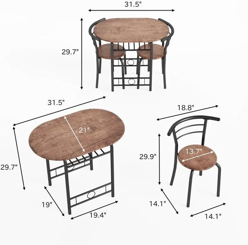 3-Piece Wooden Dining Table Set, Kitchen Breakfast Nook Sets with 2 Chairs & round Tabletop, Space Saving Furniture Metal Frame and Built-In Wine Rack, Brown