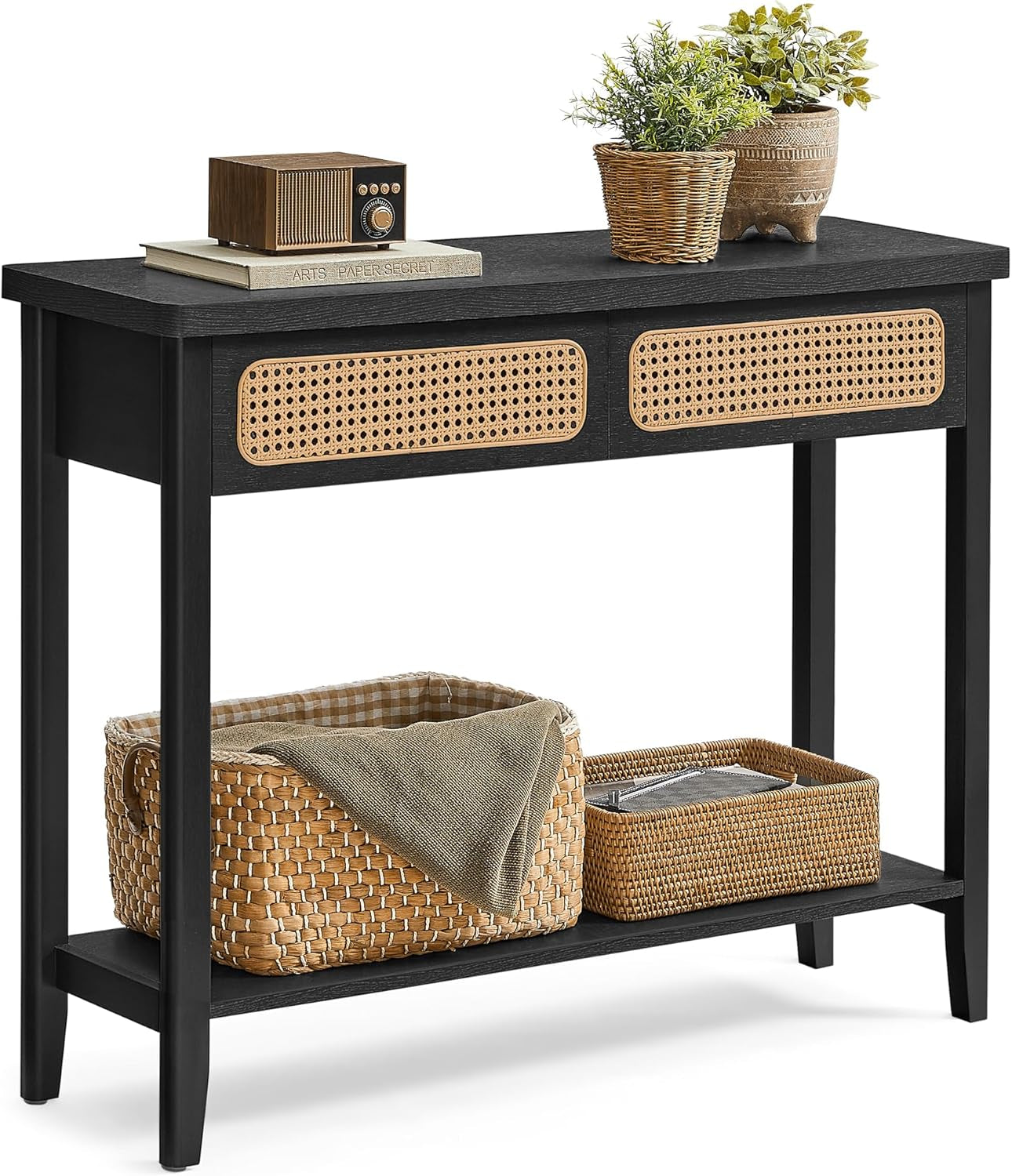 Console Table, Sofa Table, Narrow Entryway Table with 2 Drawers, Open Storage Shelf, Rounded Corners, for Living Room, Boho Style, Ash Black ULNT016B21