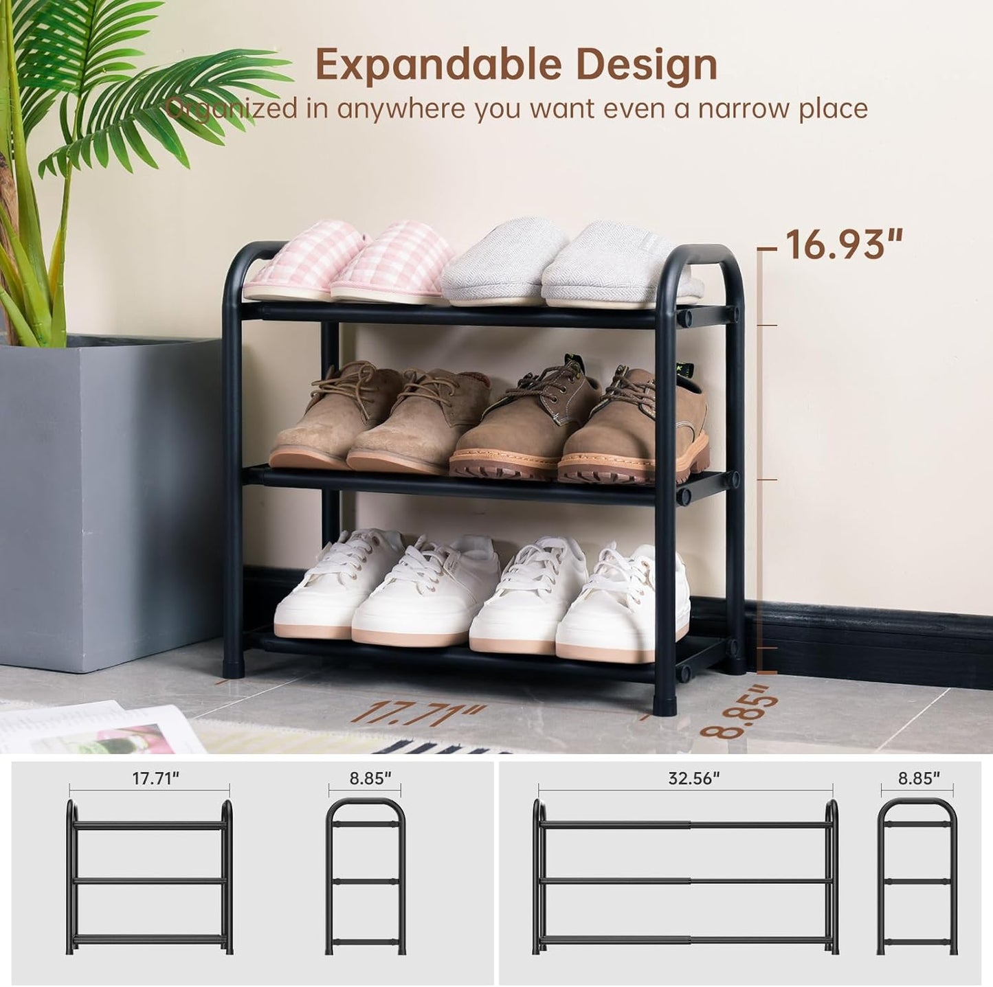 3-Tier Expandable Shoe Rack,Adjustable Shoe Shelf Storage Organizer Heavy Duty Metal Free Standing Shoe Rack for Entryway Closet Doorway (Black)