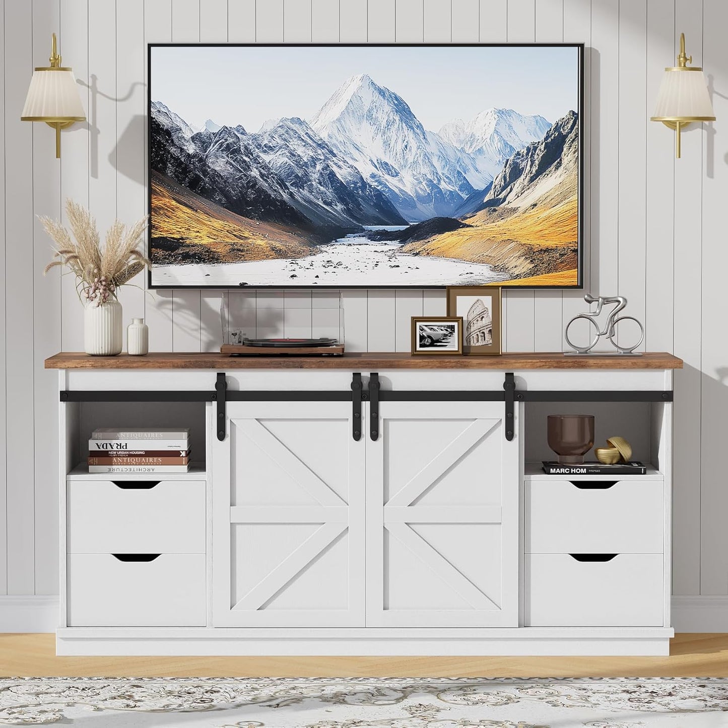 TV Stand with 4 Drawers for 65 Inch TV, Entertainment Center with Storage Cabinets and Sliding Barn Doors, Mid Century Modern Media TV Console Table for Living Room Bedroom (Bright White)