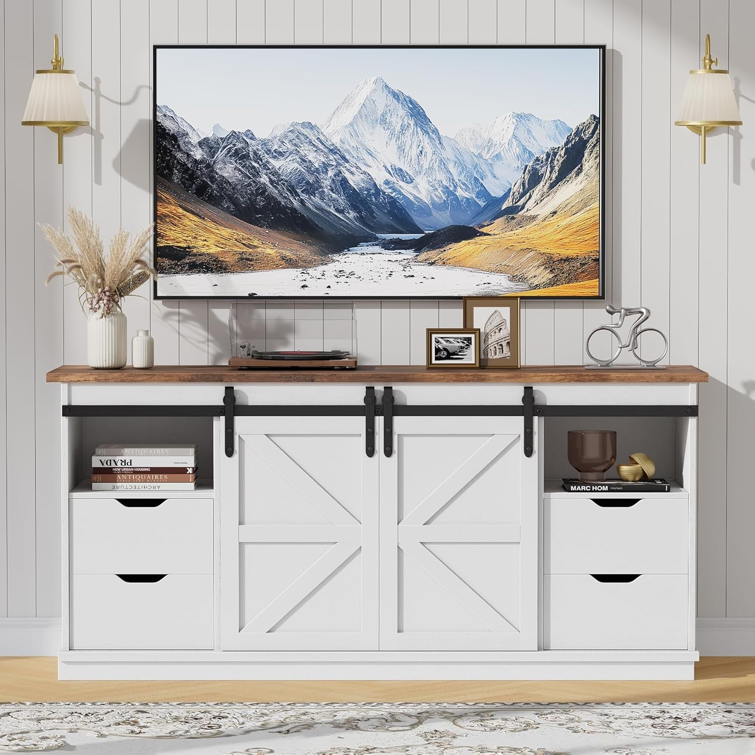 TV Stand with 4 Drawers for 65 Inch TV, Entertainment Center with Storage Cabinets and Sliding Barn Doors, Mid Century Modern Media TV Console Table for Living Room Bedroom (Bright White)