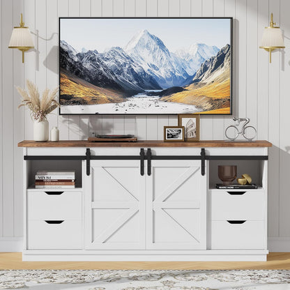 TV Stand with 4 Drawers for 65 Inch TV, Entertainment Center with Storage Cabinets and Sliding Barn Doors, Mid Century Modern Media TV Console Table for Living Room Bedroom (Bright White)