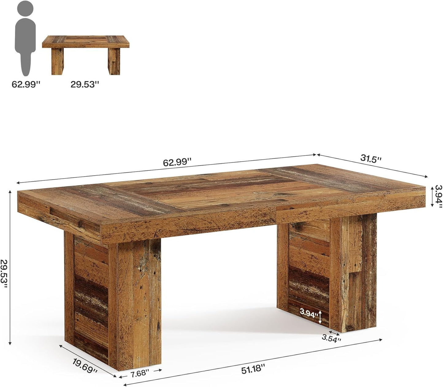 63" Large Executive Desk, Farmhouse Computer Office Desk Wooden Writing Table Rustic Rectangle Business Workspace Table for Home Office, Distressd Brown