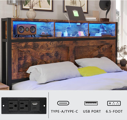 Farmhouse Queen Bed Frame with Bookcase Headboard and Storage Drawers, LED Lights and Charging Station, No Box Spring Needed, Noise Free, Rustic Brown