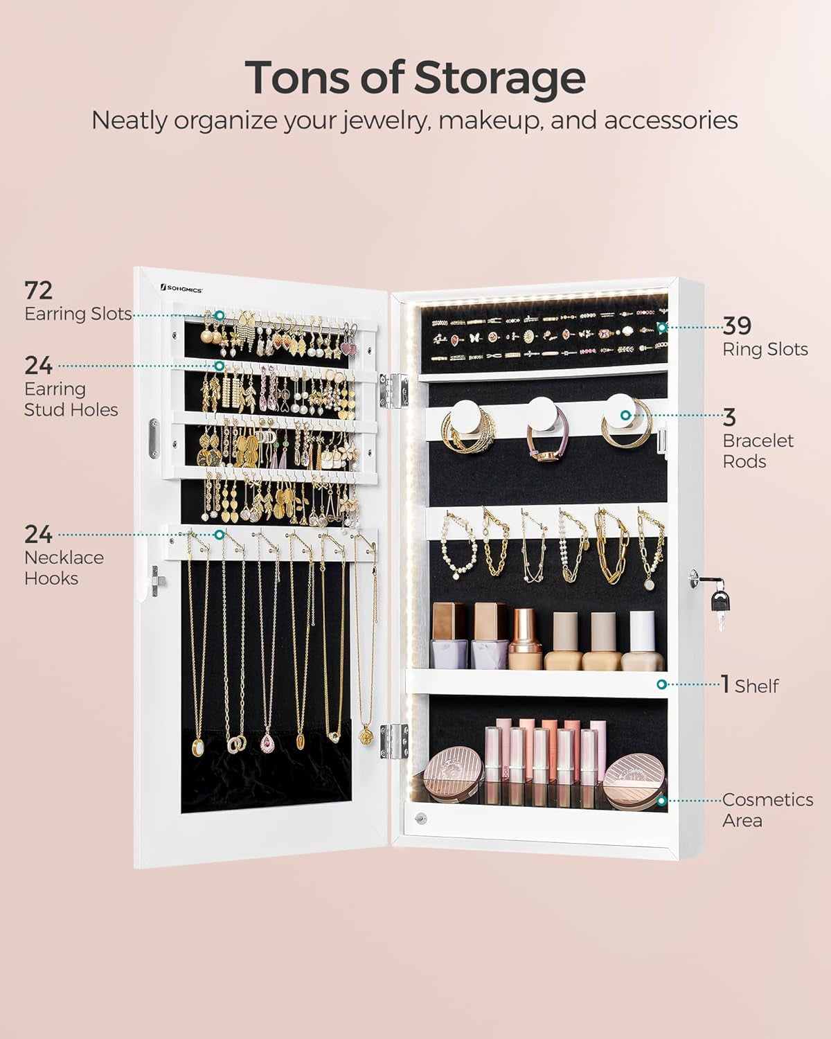Mirror Jewelry Cabinet Armoire with Built-In LED Lights, Wall or Door Mounted Jewelry Storage Organizer, 3.8 X 14.6 X 26.4 Inches Hanging Mirror Cabinet, Gift Idea, White UJJC050W01
