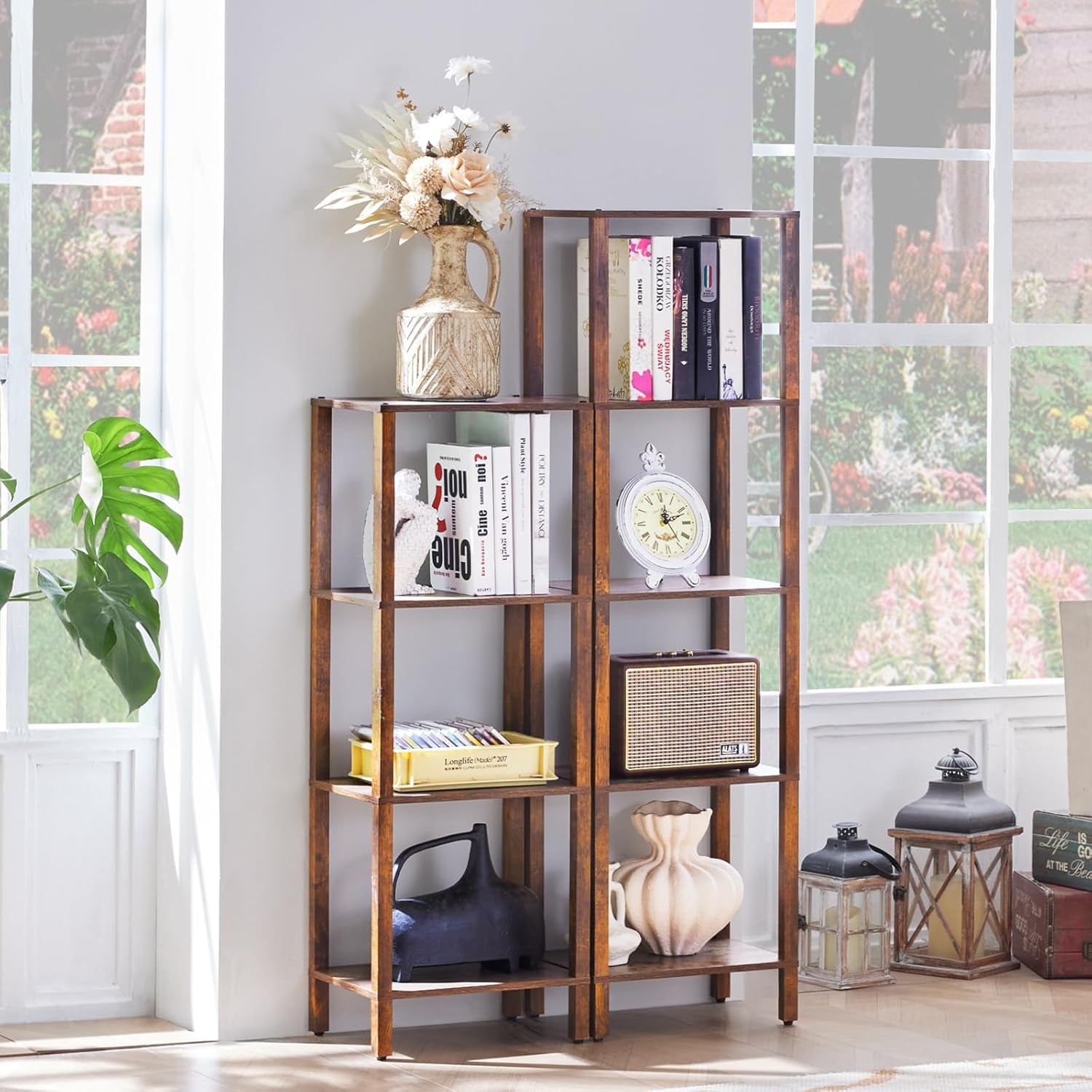 4 Tier Tall Wooden Bookshelf with Storage - Small Bookcase for Small Spaces, Shelf for Living Room, Office, Bedroom, Kitchen - Industrial Retro Brown Book Shelf