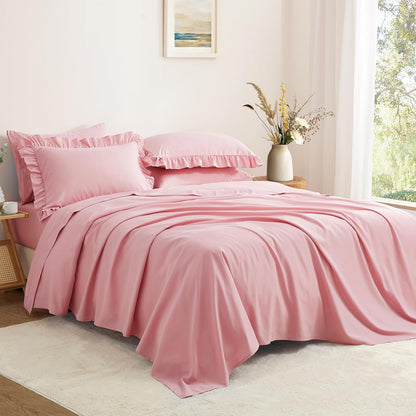 2 Pack Pink Ruffle Pillowcases King Size, 20" X 36" Ruffle Pillow Covers Ultra Soft Microfiber Ruffled Fringe Pillow Shams, Shabby Chic Pillow Cases