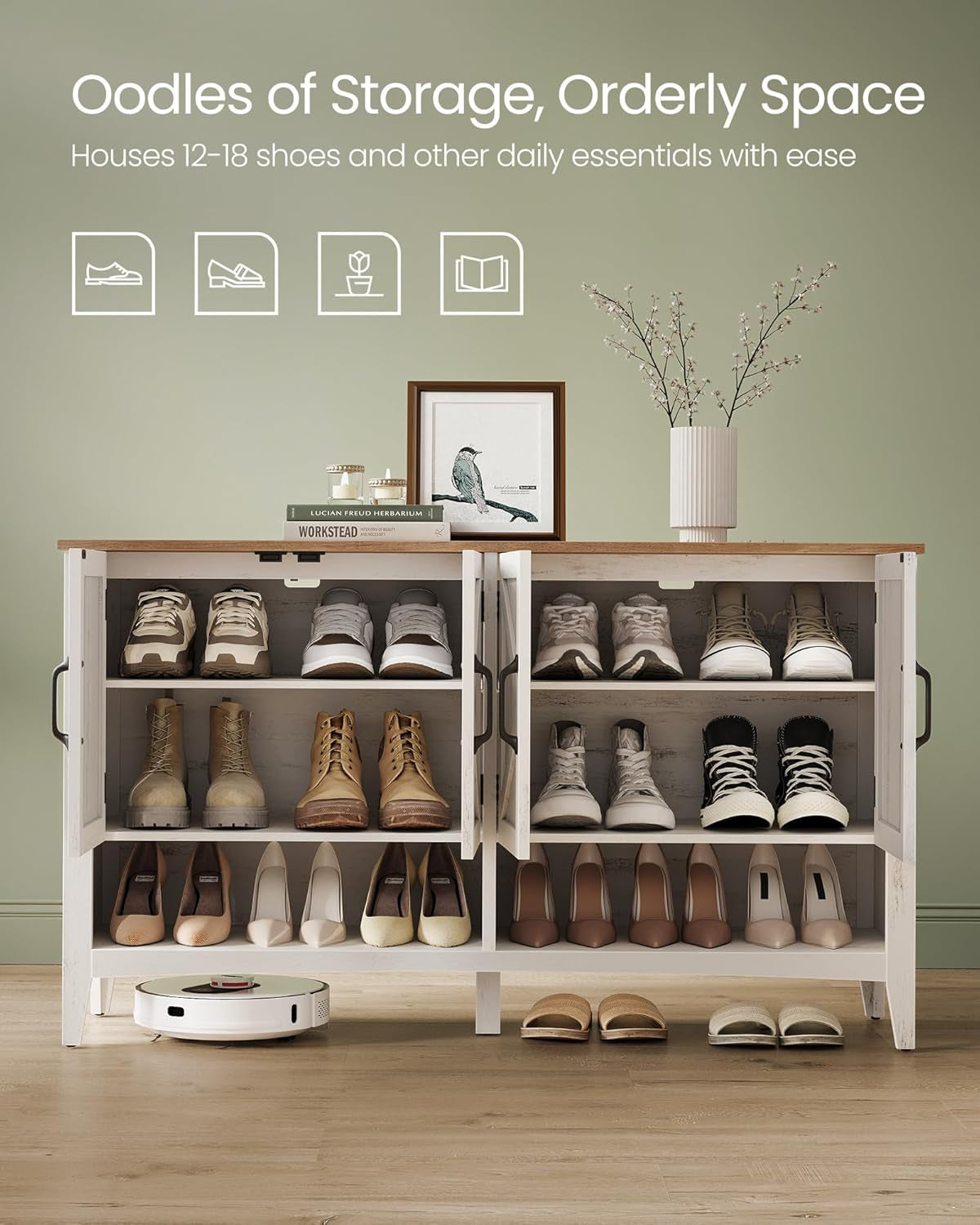Shoe Cabinet, 3-Tier Shoe Storage Organizer, Farmhouse Freestanding Cabinet with Height-Adjustable Shelf, 13.8 X 47.2 X 27.6 Inches, Entryway, Rustic White ULBC039W01