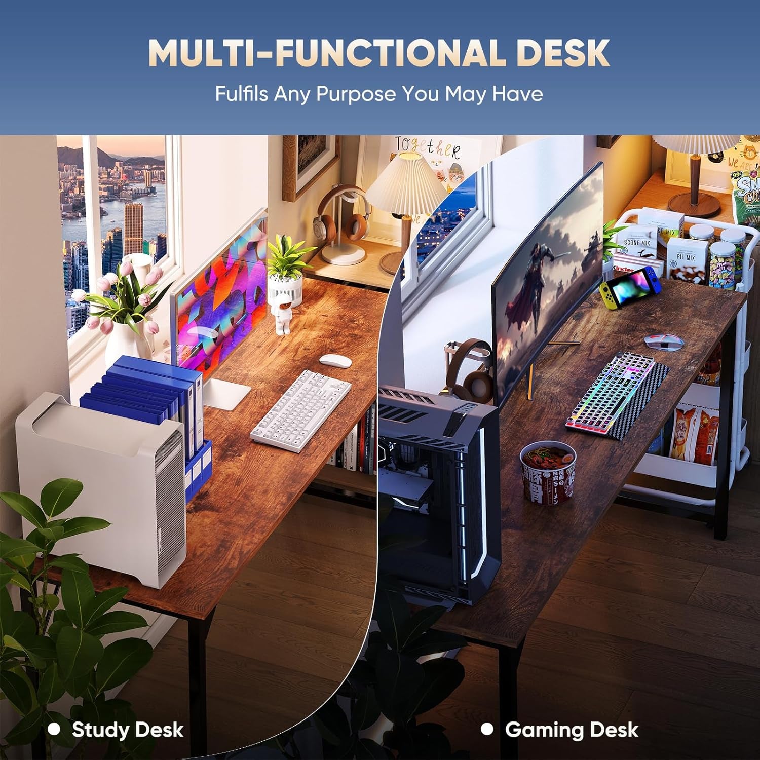 47 Inch Computer Desk for Home Office, Modern Writing Study Table Simple Modern Style for Bedroom Small Space, Large Work Desks with X-Shaped Reinforcement, Wood Brown