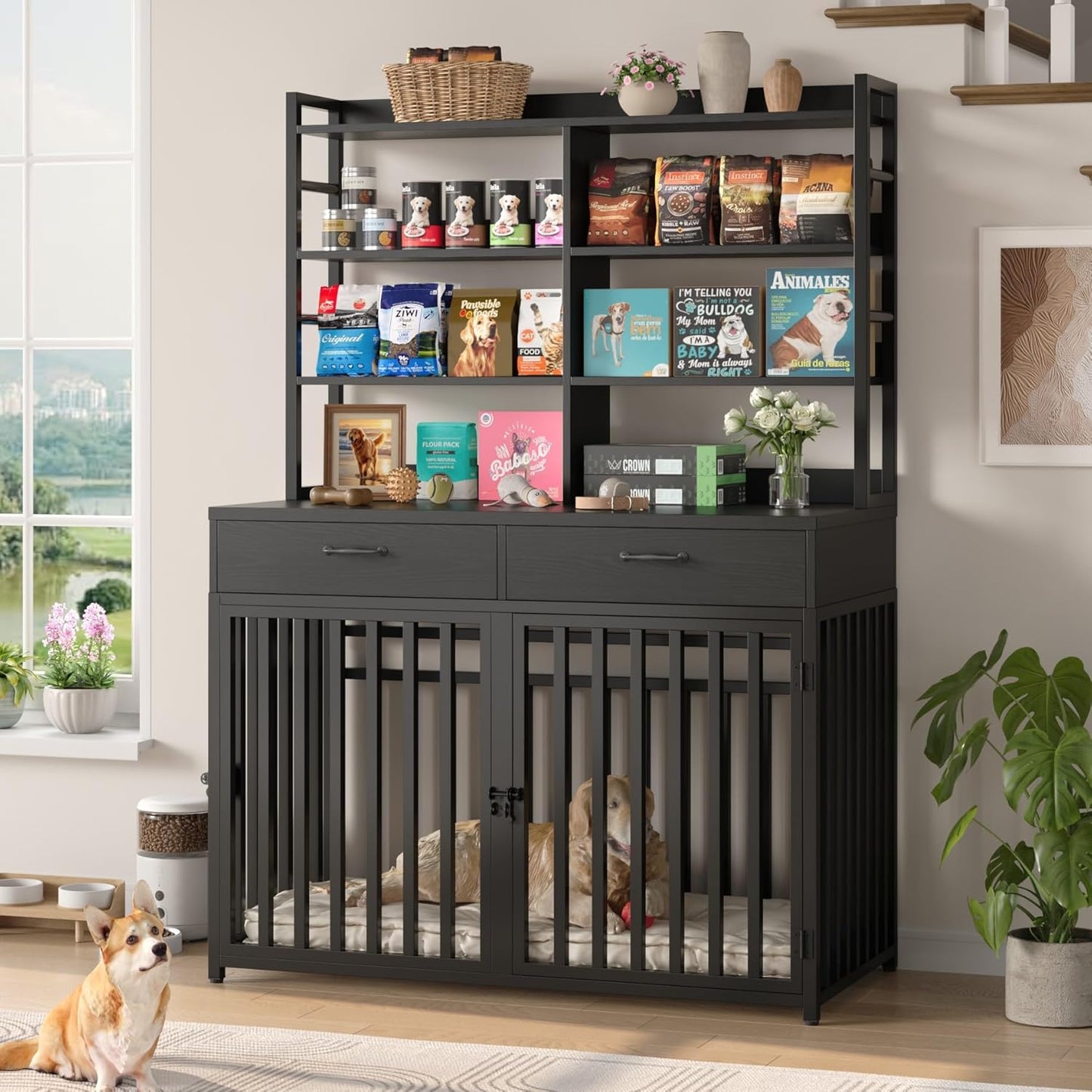 71''H X 47.2''W Large Dog Crate Furniture with 4-Tier Shelves and 2 Storage Drawers, Heavy Duty Dog Cage Furniture with 2 Doors, Wood & Metal Dog Kennel Indoor for Small/Medium/Large Dog, Black