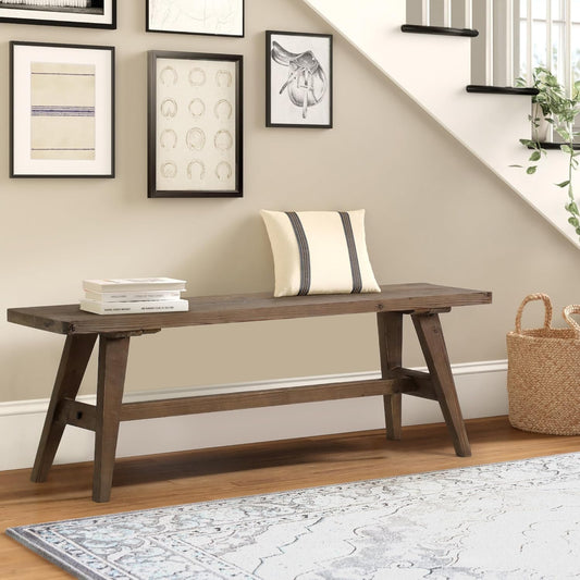 47" Farmhouse Wood Bench, Dining Room Bench, Entryway Bench for Living Dining Room, Solid Wood, Easy to Assemble, Brown