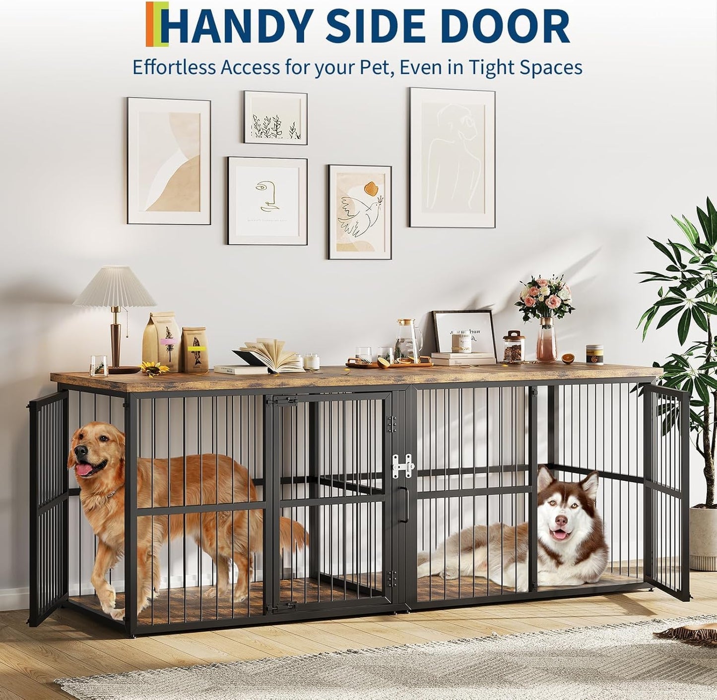 87 Inch Extra Large Double Dog Crate Furniture with Divider, Heavy Duty Kennel with 3 Lockable Doors, Wooden Indoor Pet House TV Stand for 2 Small Medium Large Dogs, Black
