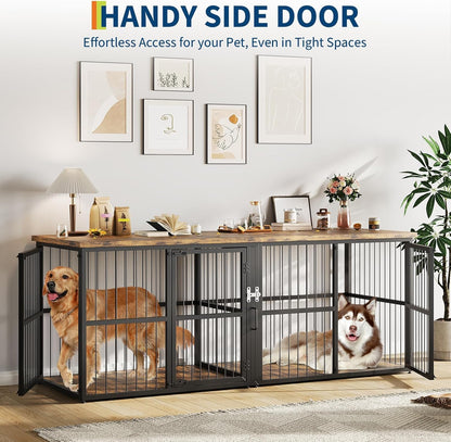 87 Inch Extra Large Double Dog Crate Furniture with Divider, Heavy Duty Kennel with 3 Lockable Doors, Wooden Indoor Pet House TV Stand for 2 Small Medium Large Dogs, Black