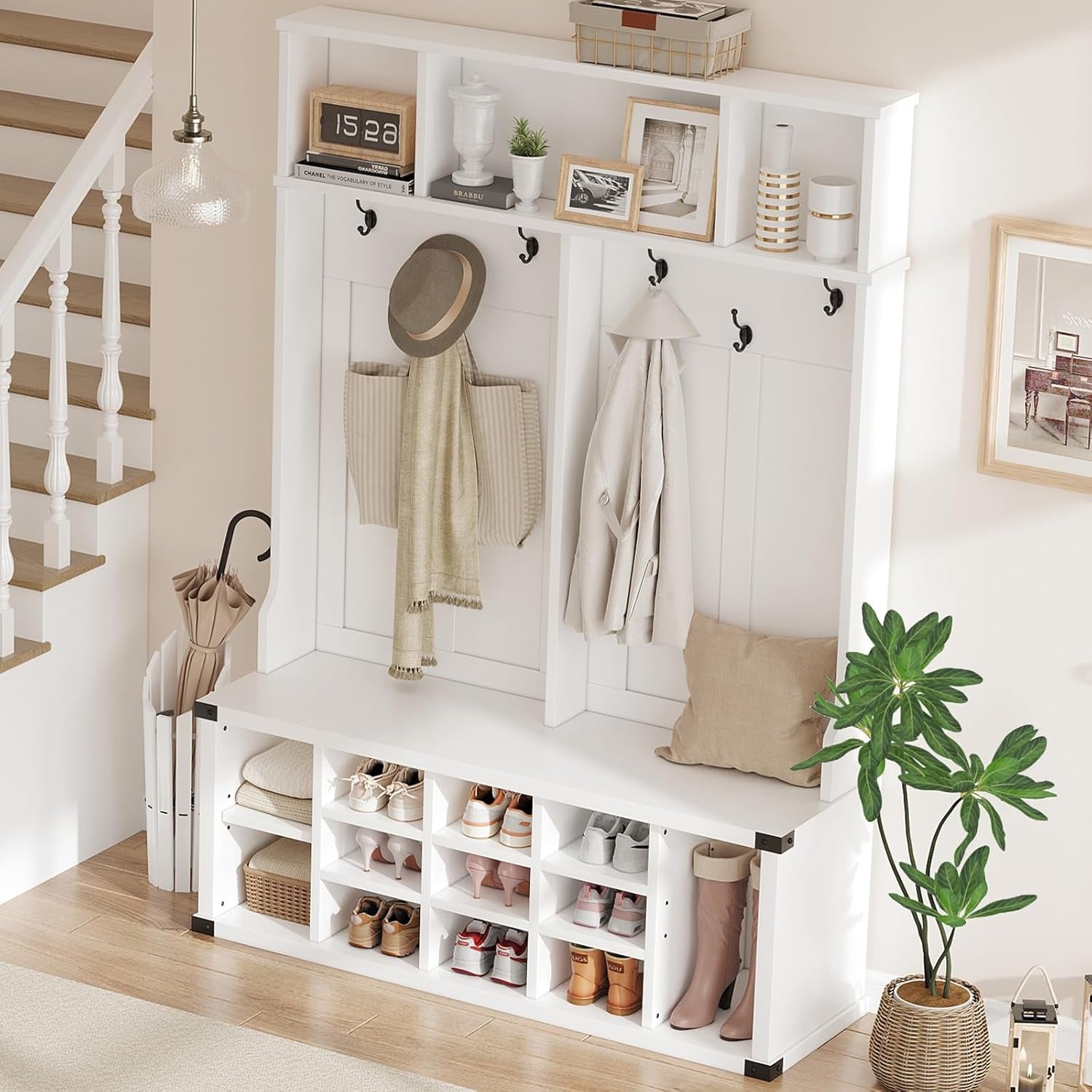 Hall Tree with Bench and Shoe Storage, 4-In-1 Tall Wood Farmhouse Entryway Bench Coat Rack, Adjustable Shelf, Open Mudroom with Metal Corner Protect, 5 Tri-Hooks for Hallway, Bedroom, White