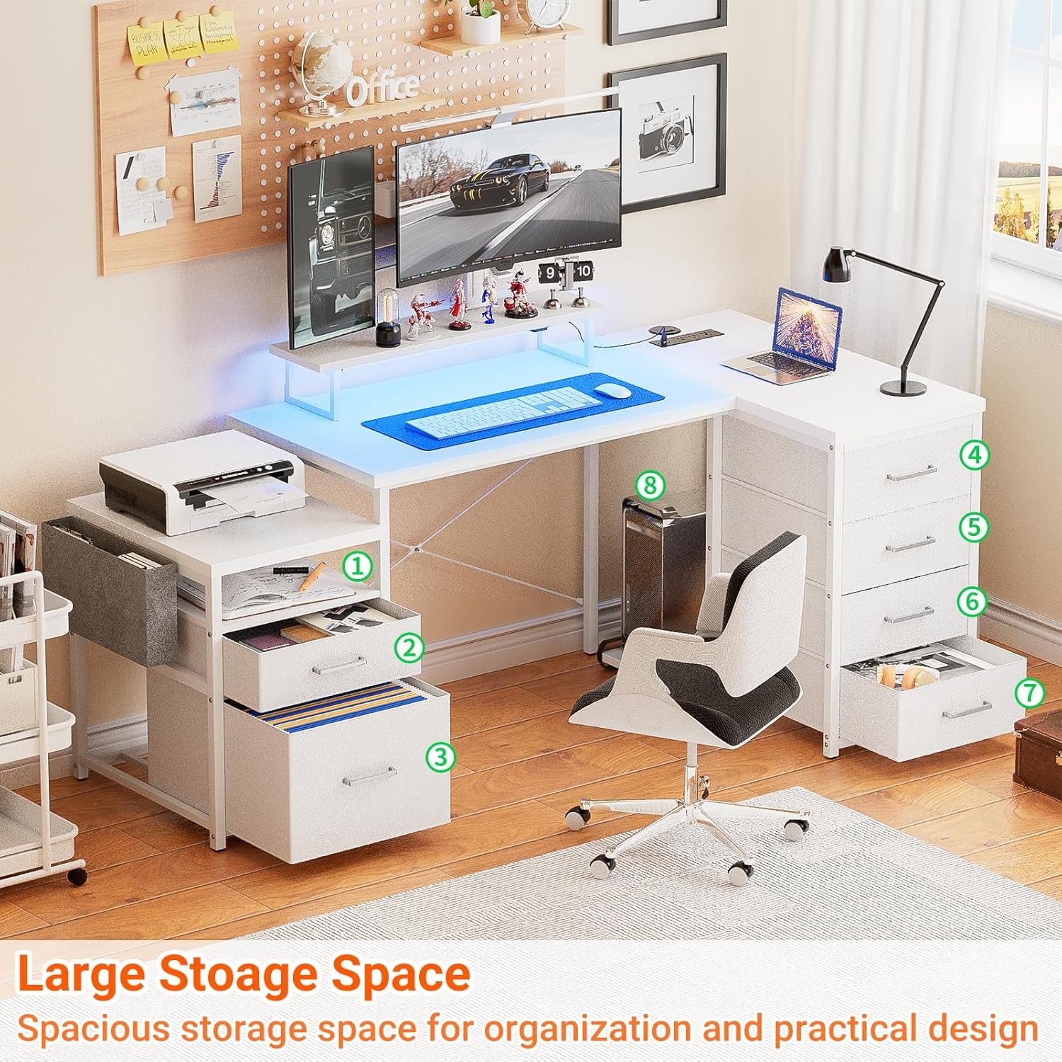 70.8" Reversible L Shaped Computer Desk with Fabric File Drawers, Corner Desks with RGB LED Light & Power Outlets & Monitor Stand, Large Gaming Desk for Home Office Workstation, White