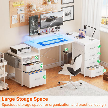 70.8" Reversible L Shaped Computer Desk with Fabric File Drawers, Corner Desks with RGB LED Light & Power Outlets & Monitor Stand, Large Gaming Desk for Home Office Workstation, White